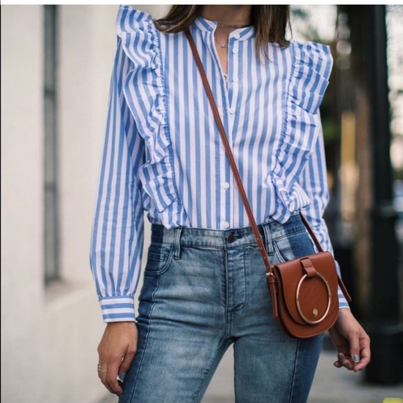 Who What Wear Blue and White Striped Button Down Shirt - Picture 1 of 7
